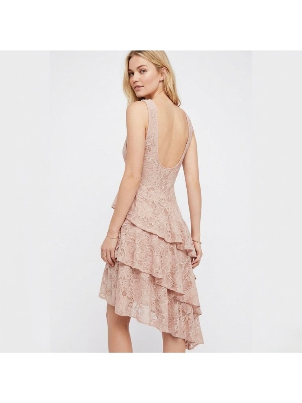 NWT Free People Asymmetrical Tiered Ruffle Hem Pink Lace Dress S | Coquette Boho - Picture 5 of 16